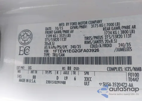 2016 Ford F-150 Platinum from USA, damaged, VIN 1FTEW1EG2GFA03926